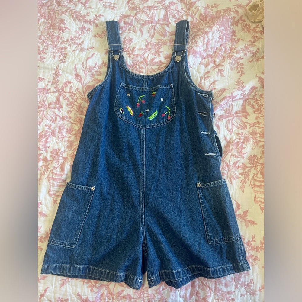 Fruit Embroidered Denim Jumper / Overalls